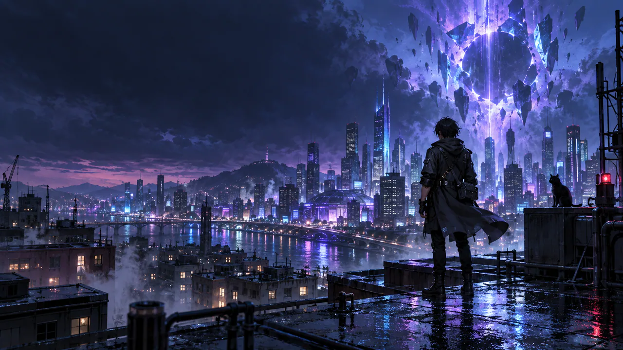 Lone adventurer overlooking a neon city beneath a violet anomaly