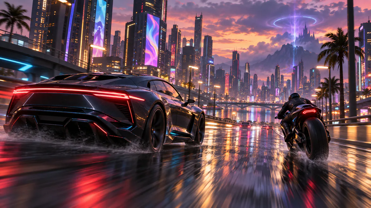 Sports car and motorcycle driving through a rain-lit neon city