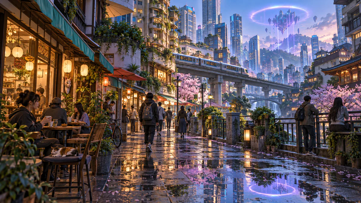 Busy city promenade beneath towers and a distant floating anomaly