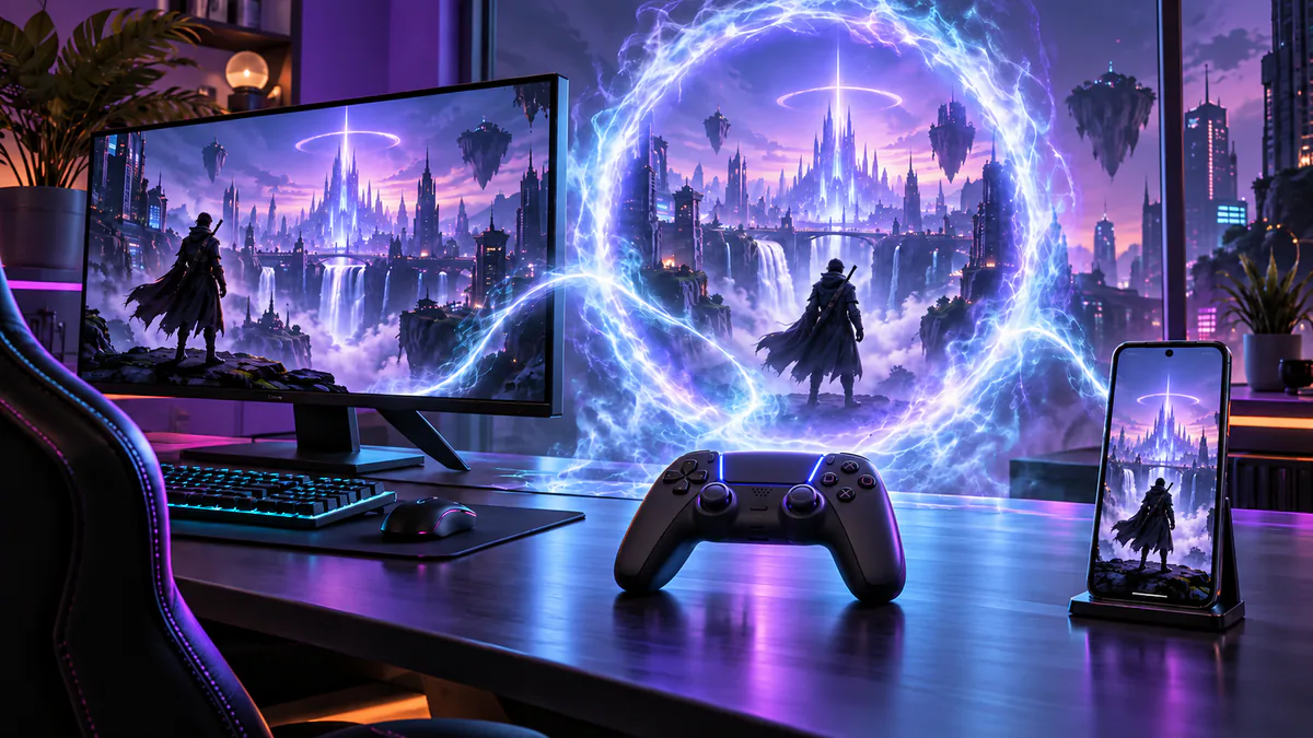 Desktop monitor, console controller, and phone linked by a glowing portal