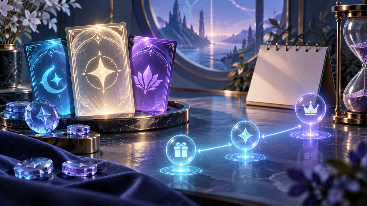 Generic reward tokens beside a calendar and hourglass