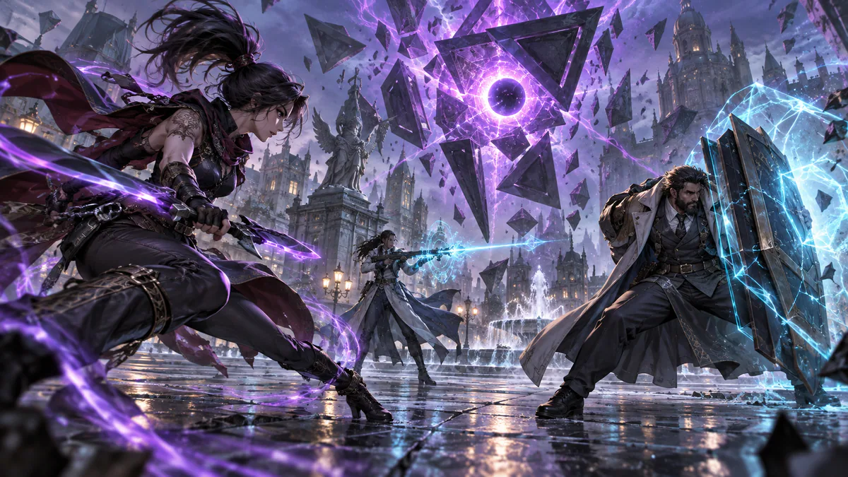 Three distinct fighters confronting a violet geometric anomaly