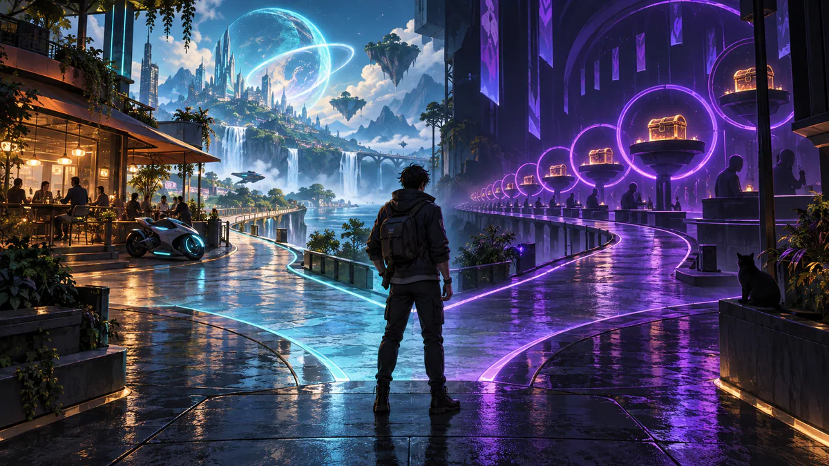 Player choosing between city exploration and a glowing reward corridor
